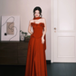 Strapless Red Boned Corset Prom Dress, Long A-Line Evening Gown with Handmade 3D Flowers  NV7325