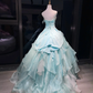 Strapless Mint Blue Prom Dress Beaded Embroidery 3D Flower Layered Organza Ball Gown  NV7059