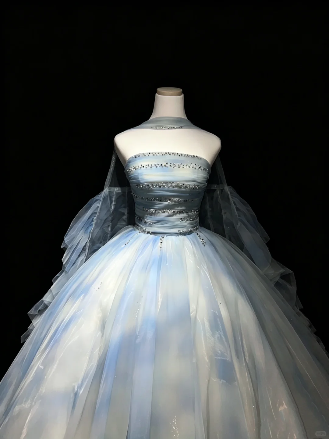 Strapless Sky Blue Cloud Print Tulle Prom Dress Beaded Bodice Detachable Puff Sleeve Princess Ball Gown  NV6992