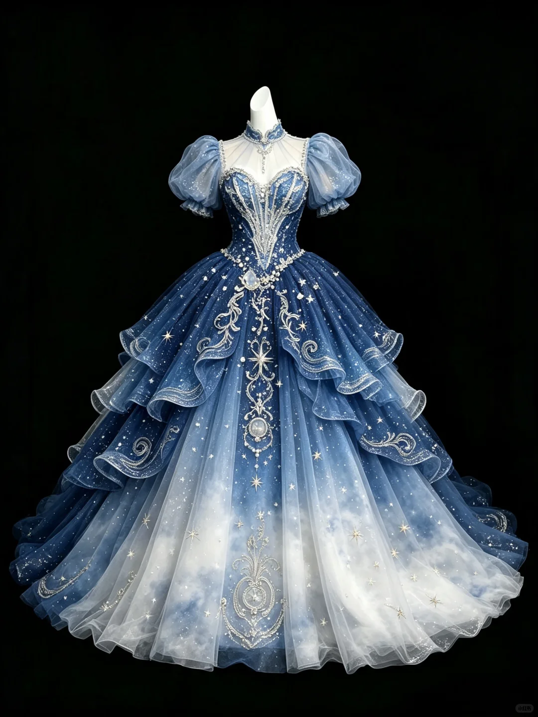 Blue To White Ombre Starry Sky Princess Prom Dress, High Neck Puff Sleeve Glitter Tulle Evening Gown  NV7455