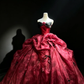 Burgundy Strapless Vintage Princess Ball Gown Black Bow 3D Flowers Printed Organza Long Evening Gown  NV7010