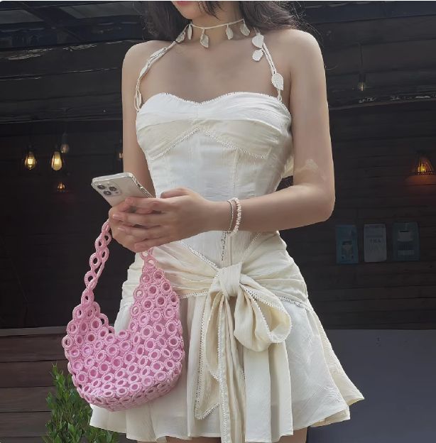 Robe de soirée courte en mousseline de soie, élégante et sans bretelles, blanche, nv4852