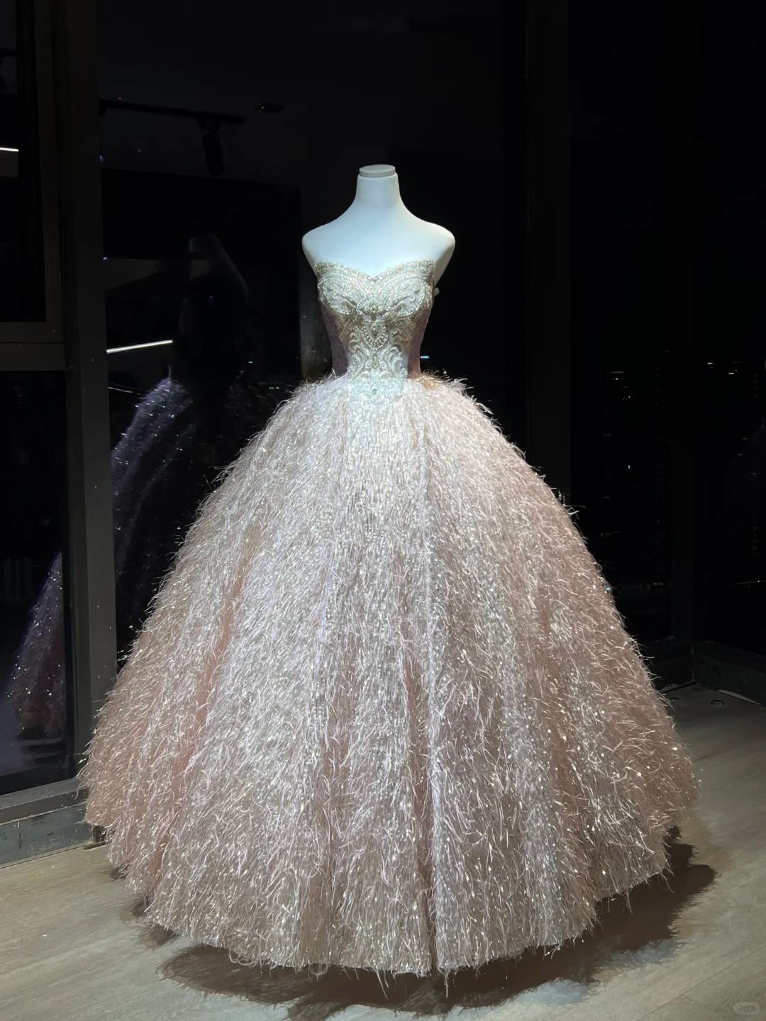 Light Pink Strapless Ball Gown, Sweetheart Neck Beaded Embroidery Sparkly Feather Tassel Skirt Prom Dress  NV7090