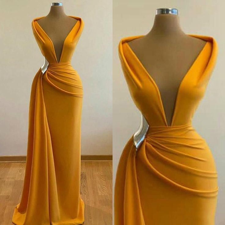 Yellow Deep V Neck Long Mermaid Slim Ball Gown Sexy Satin Evening Dress Cocktail Party Dress nv3161