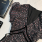 Black Floral Print Short Homecoming Dress V Neck Puff Sleeve Velvet Trim Lace Hem Vintage Cocktail Gown  NV6915