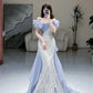 Blue Shiny Sequin Long Elegant Lace Ball Gown Evening Dress Party Dress nv3249