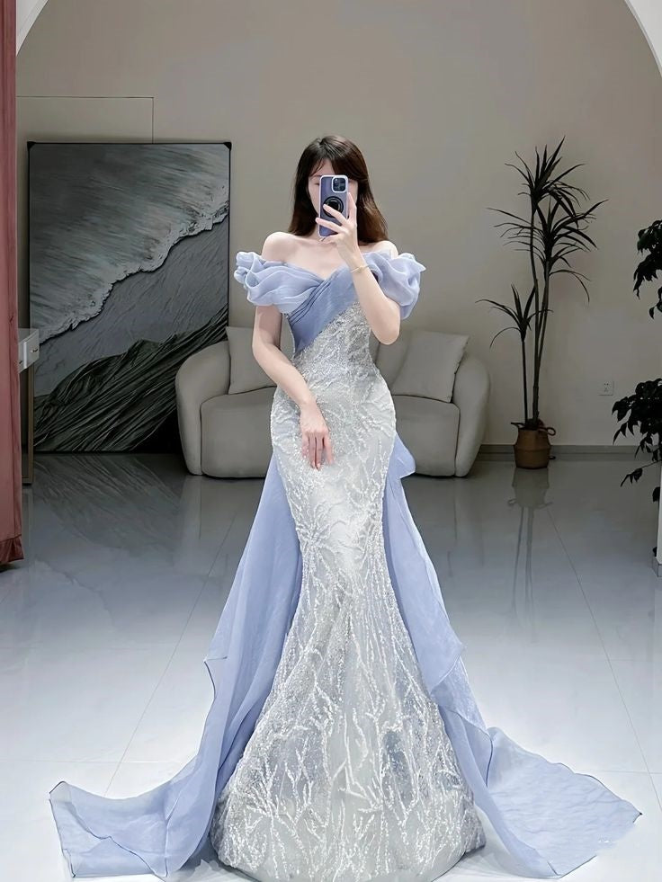 Blue Shiny Sequin Long Elegant Lace Ball Gown Evening Dress Party Dress nv3249