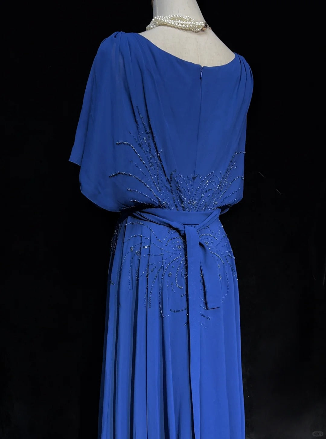 Robe de soirée longue en mousseline de soie, élégante et vintage, bleue, à manches courtes, avec perles, robe de bal, robe de soirée, robe de mère de mariée, robe de bal, nv3961