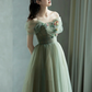 Green elegant A-line off-shoulder long tulle ball gown evening dress graduation dress coming of age ceremony dress nv1413