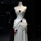 White Satin Corset Evening Dress, Spaghetti Strap Gown with 3D Burgundy Roses & Ruched Detail  NV7083