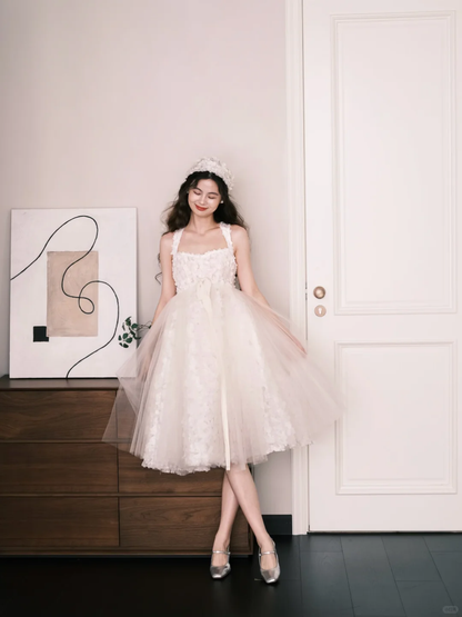 Square Neck 3D Floral Short Tulle Gown, Wide Strap Bridal Dress  NV7263