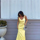 Yellow simple elegant open back long satin evening gown ball gown nv2644