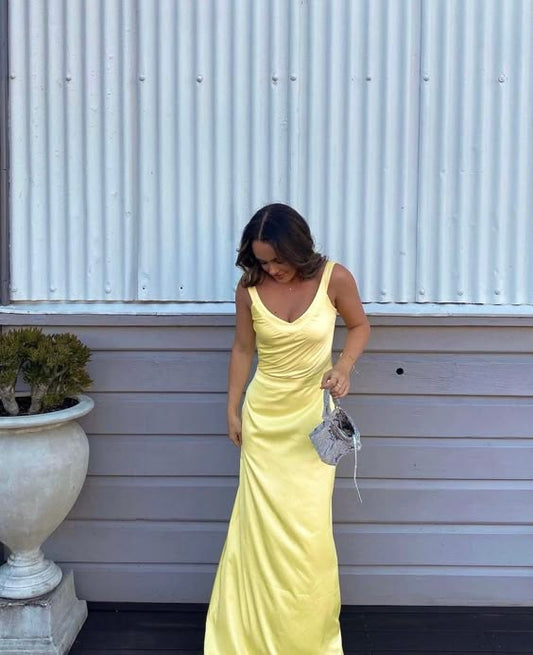 Yellow simple elegant open back long satin evening gown ball gown nv2644