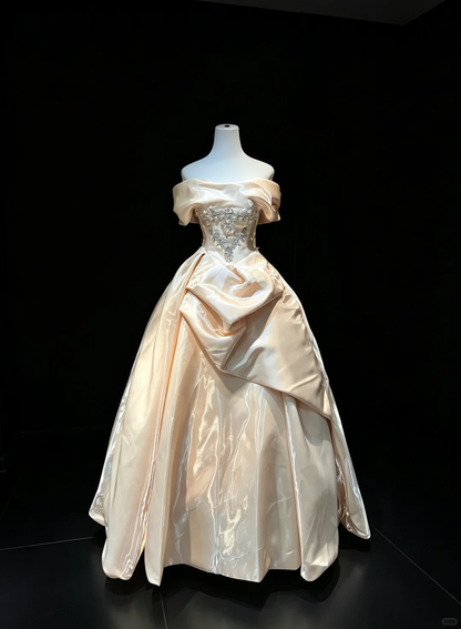 Off Shoulder Champagne Satin Ball Gown Rhinestone Beaded Draped Skirt Long Formal Prom Wedding Dress  NV6979