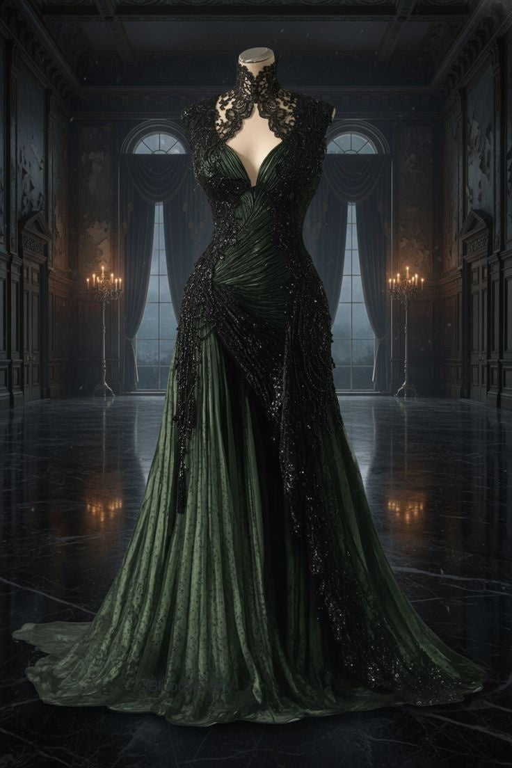 Gothic Dark Style High-Neck Deep V Gown | Emerald-Black Contrast Beaded Velvet Maxi Dress for Retro Theme Party High-End Dinner NV6291