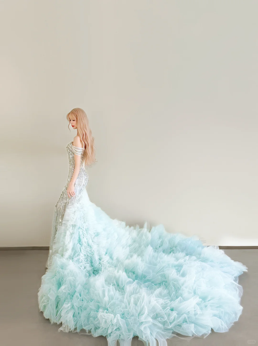 Mint Green Off Shoulder Mermaid Prom Gown Beaded Sequin Ruffled Tulle Train  NV7176