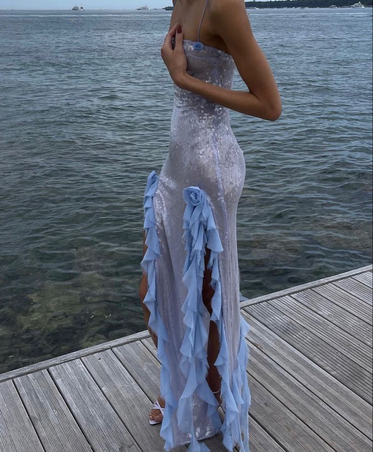 Silver Sequin Sexy Elegant Slim Fit Long Side Slit Blue Flower See-through Evening Dress Ball Gown nv2657