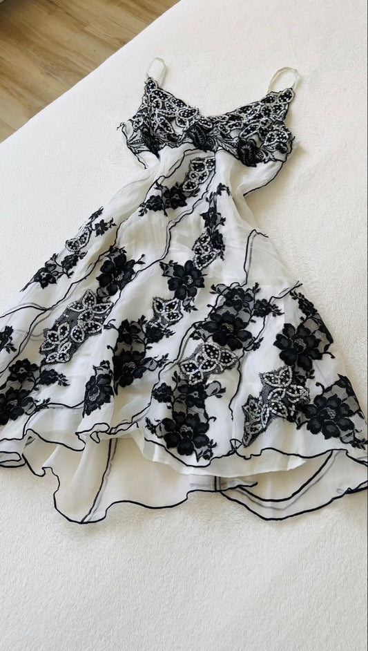 Robe de bal courte en mousseline de soie blanche vintage à fleurs, robe de soirée, robe de bal, nv4472