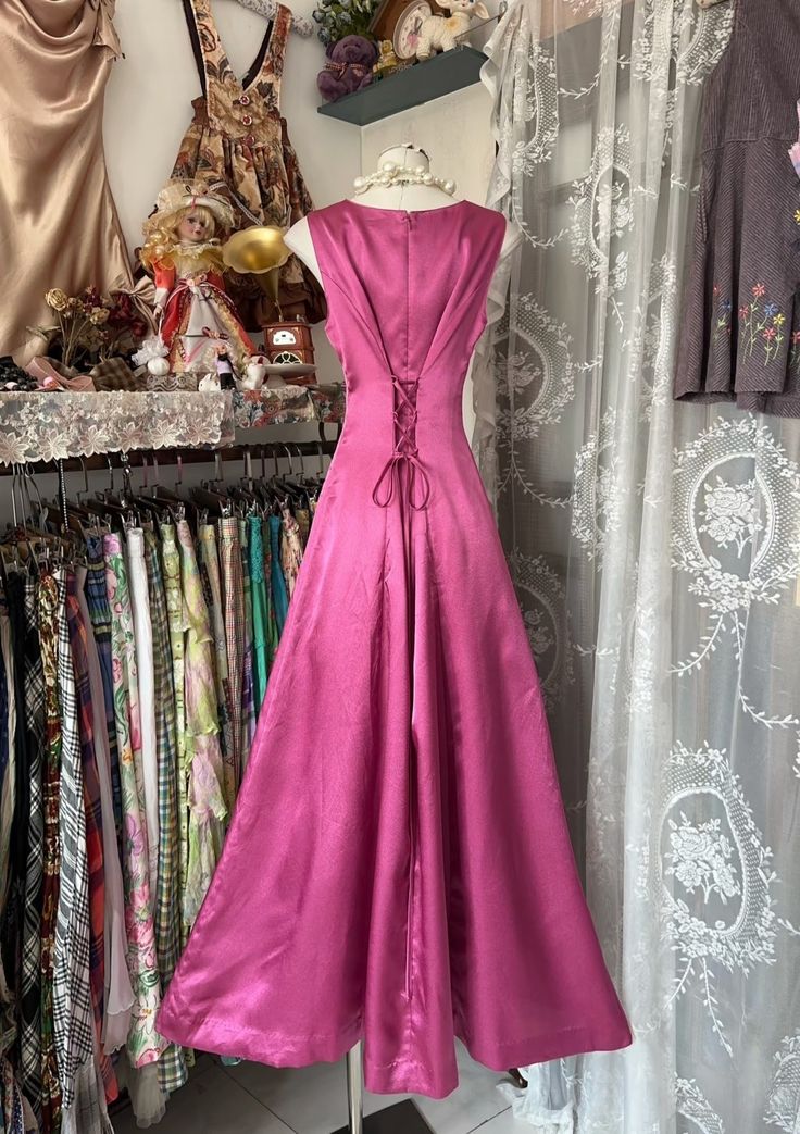 Robe de soirée en satin rose vintage, coupe trapèze, longueur au sol, nv3604