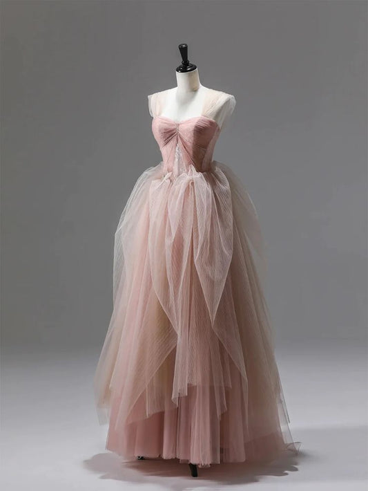 A-Linie Rosa Süßes Niedliches Korsett Langes Tüll Ballkleid Abendkleid mit Rüschen Elegant nv2724