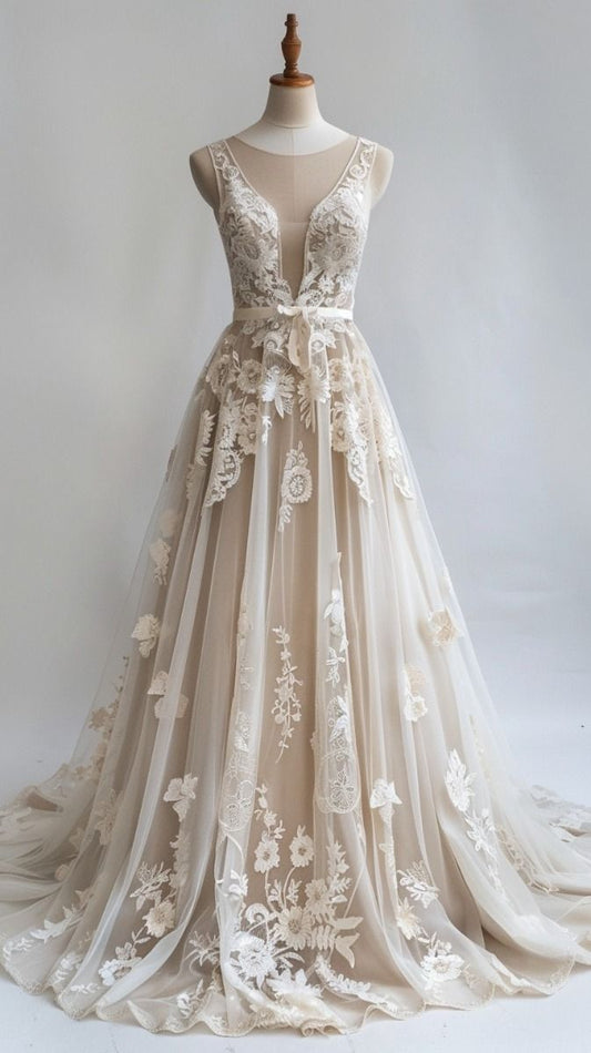 NiceVestidos – Ärmelloses, bodenlanges Brautkleid aus nudefarbenem Tüll mit 3D-Spitzenverzierungen (NV6206)