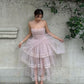 Robe de soirée courte en tulle à bretelles spaghetti rose nv3012
