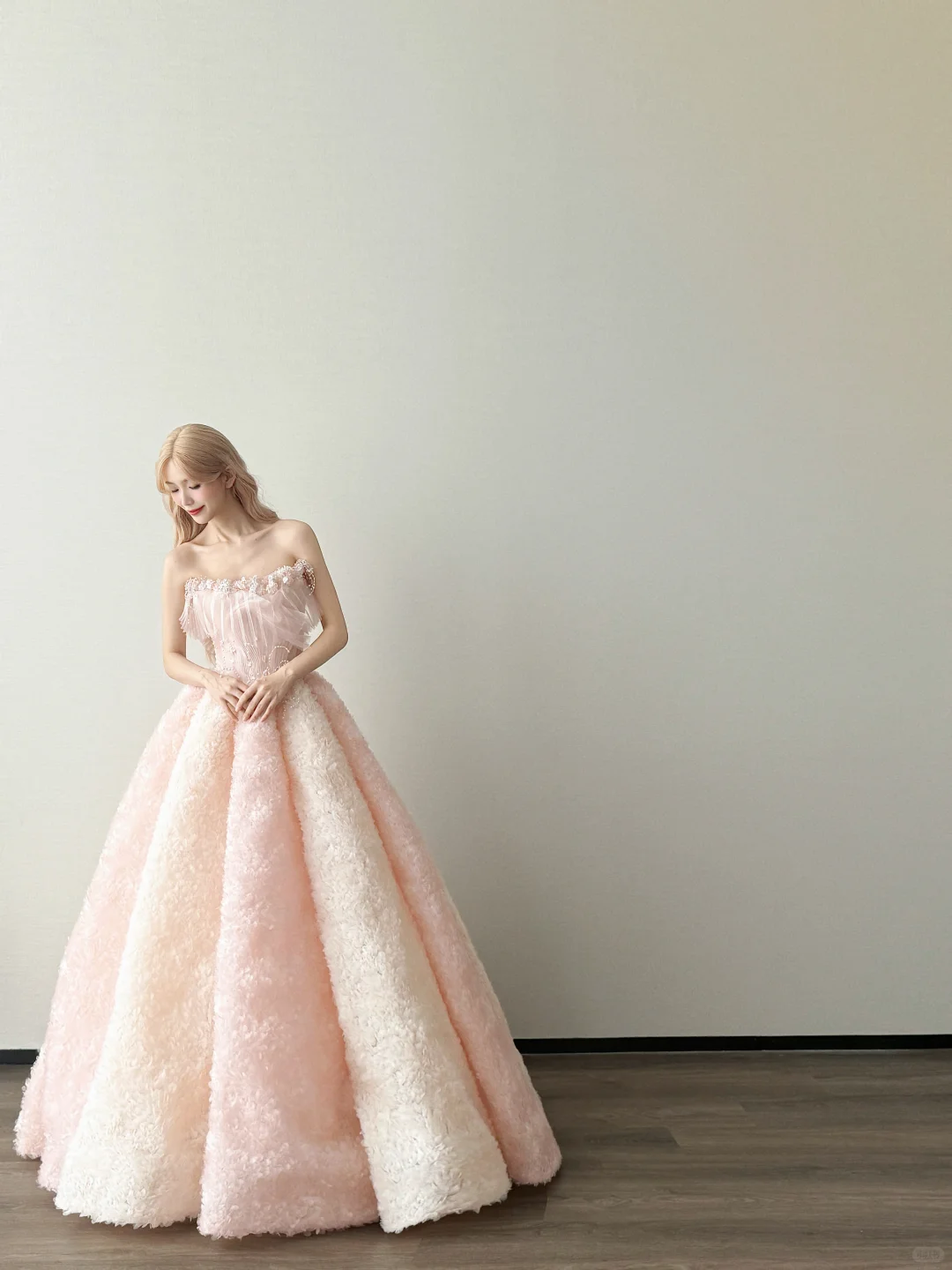 Light Pink Ombre Strapless Prom Gown Beaded Tulle Fluffy 3D Texture A Line Evening Dress  NV7157