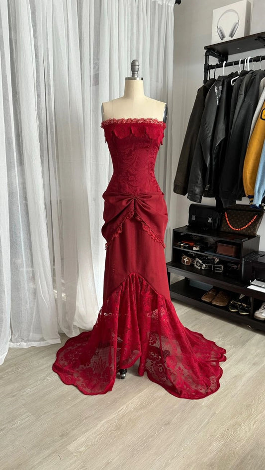 Belle robe de bal longue rouge en dentelle nv4815