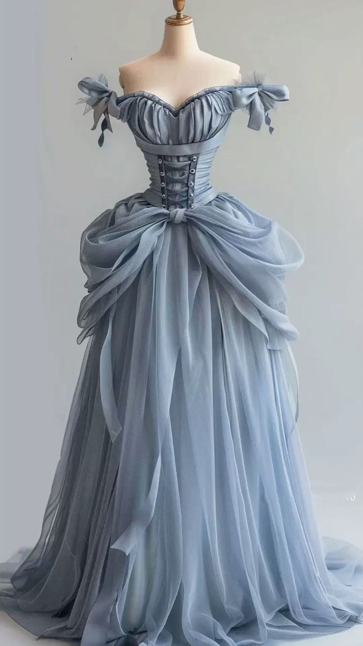 Blaues Vintage Elegantes Langes Satin Tüll Ballkleid nv4829