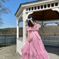 Pink Off-the-shoulder Ruffle Chiffon Lace A-line Sweet Long Prom Gown Party Dress nv2694