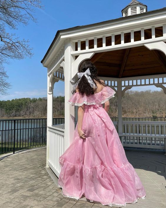 Pink Off-the-shoulder Ruffle Chiffon Lace A-line Sweet Long Prom Gown Party Dress nv2694