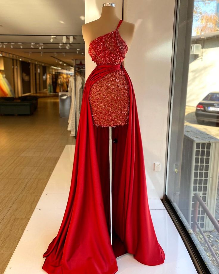 Red one shoulder stylish sequined beaded long ball gown evening dress nv2880