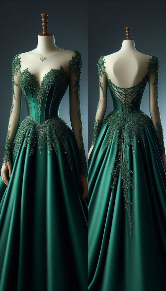 Green gorgeous exquisite beaded lace sweetheart neckline long satin elegant ball gown evening dress nv3393