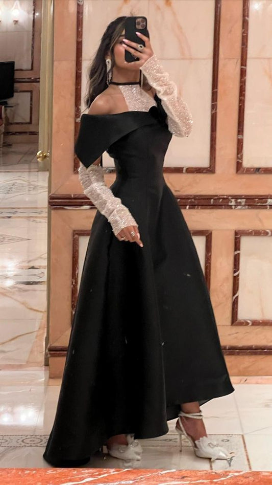 Black shiny elegant one shoulder off shoulder long sleeve long ball gown evening dress party dress nv2461