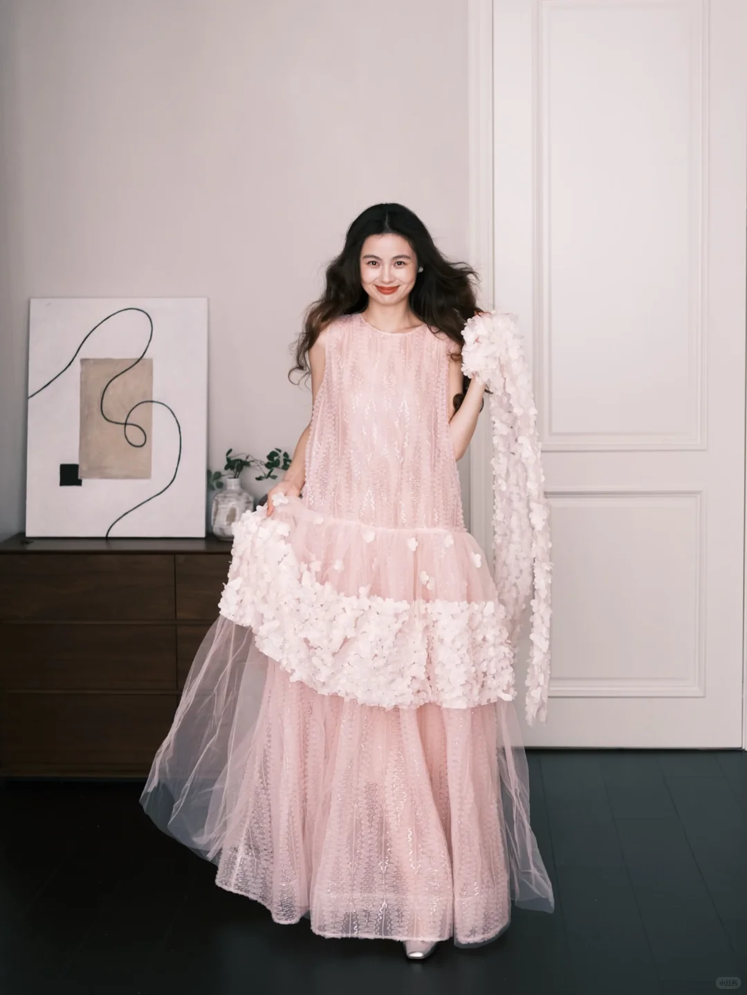 Blush Pink 3D Flower Tulle Prom Dress, Sleeveless Tiered Sparkly Formal Gown  NV7279