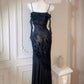 Robe de soirée longue sexy noire à bretelles spaghetti en dentelle style sirène nv1985