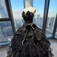 Strapless Black Gothic Ball Gown Rhinestone Beaded Bow Gradient Ruffle Tulle Prom Dress  NV7032