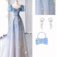 Hellblau glänzend elegant herzförmiger Ausschnitt exquisite Perlen Kurzarm lange Tüll Ballkleid Abendkleid Abschlusskleid nv3785