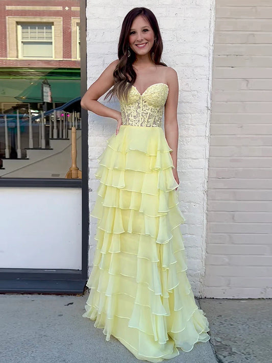 Gelbes langes Ballkleid aus Chiffon mit herzförmigem Ausschnitt und Spitze, gelbes Abendkleid nv1521