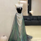 Silber Vintage Perlenbesetztes Langes Satin Ballkleid Abendkleid Partykleid nv4862
