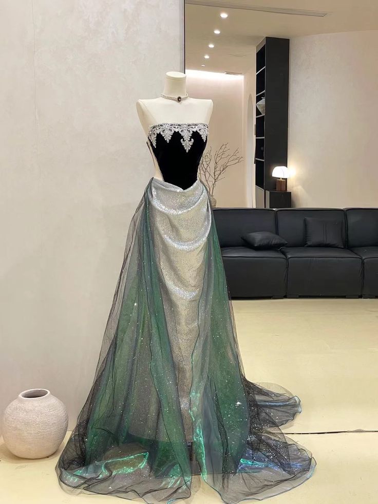 Silber Vintage Perlenbesetztes Langes Satin Ballkleid Abendkleid Partykleid nv4862