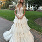 Robe de bal longue en tulle et dentelle à col en V champagne, robe de soirée champagne nv1522
