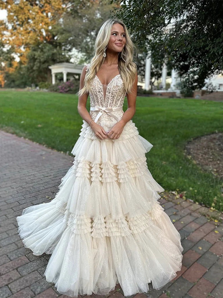 Robe de bal longue en tulle et dentelle à col en V champagne, robe de soirée champagne nv1522