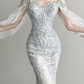 Silver Grey Off Shoulder Prom Gown Detachable Sheer Puff Sleeve Beaded Lace Mermaid Long Train Evening Dress  NV7160