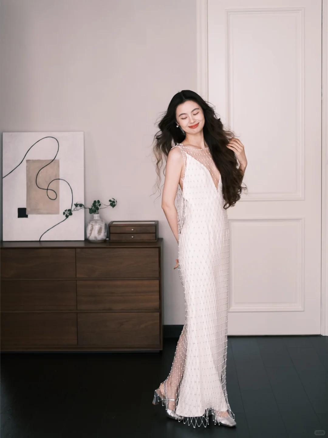 White Halter Grid Beaded Fringe Evening Gown  NV7224
