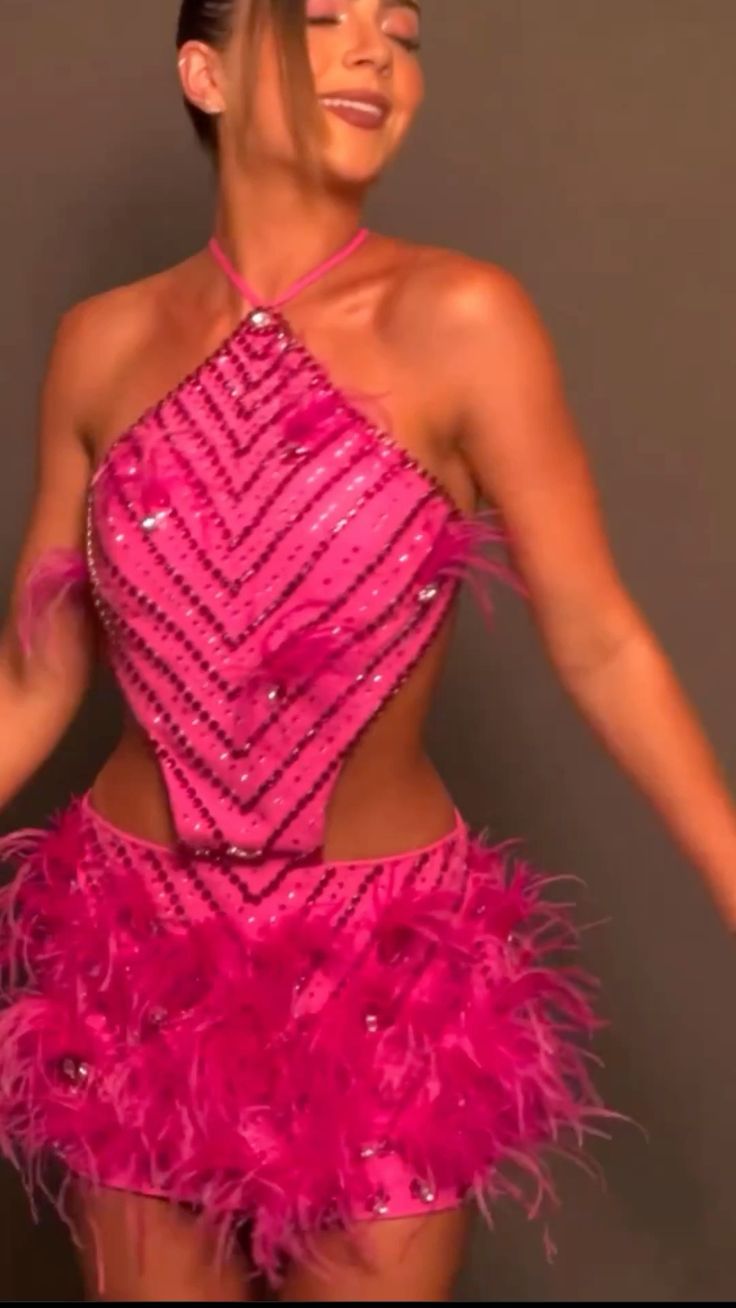 Robe de soirée courte rose brillante, sans bretelles, en plumes, à la mode, nv3503