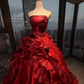 Strapless Burgundy Ball Gown Hand Beaded 3D Rose Ruffle Satin Tulle Prom Dress  NV7040