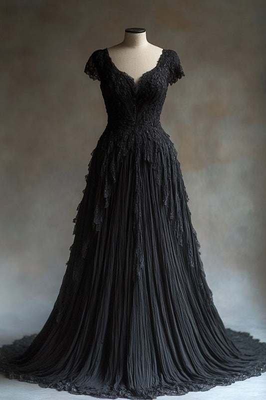 Gothic Romantic Style Spaghetti Strap Corset Gown | Black Tulle Lace Multi-Layer Ballgown Maxi Dress for Retro Theme Party High-End Dinner NV6281