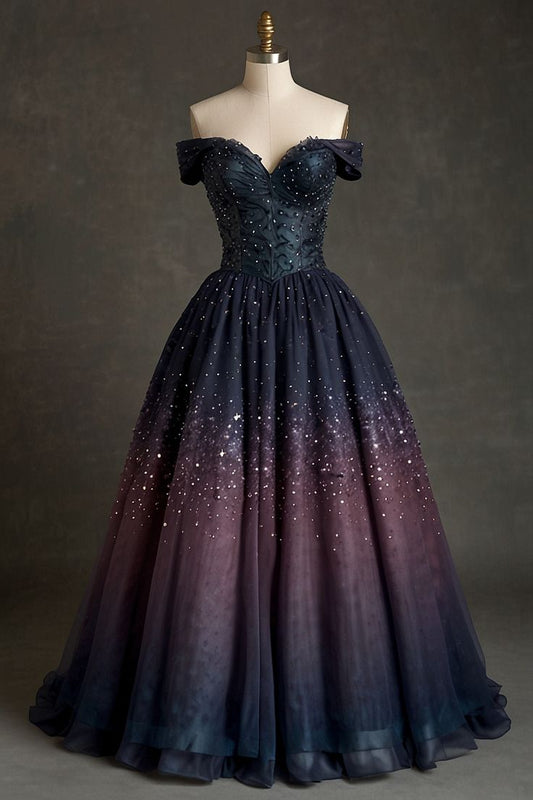NiceVestidos-Langes Ballkleid aus Tüll mit Farbverlauf und Sternenmuster, Glitzernd NV6158