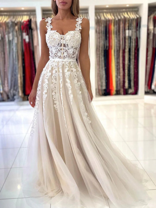 Champagne A-Line Lace Long Prom Dresses, Champagne Formal Evening Dresses nv1525